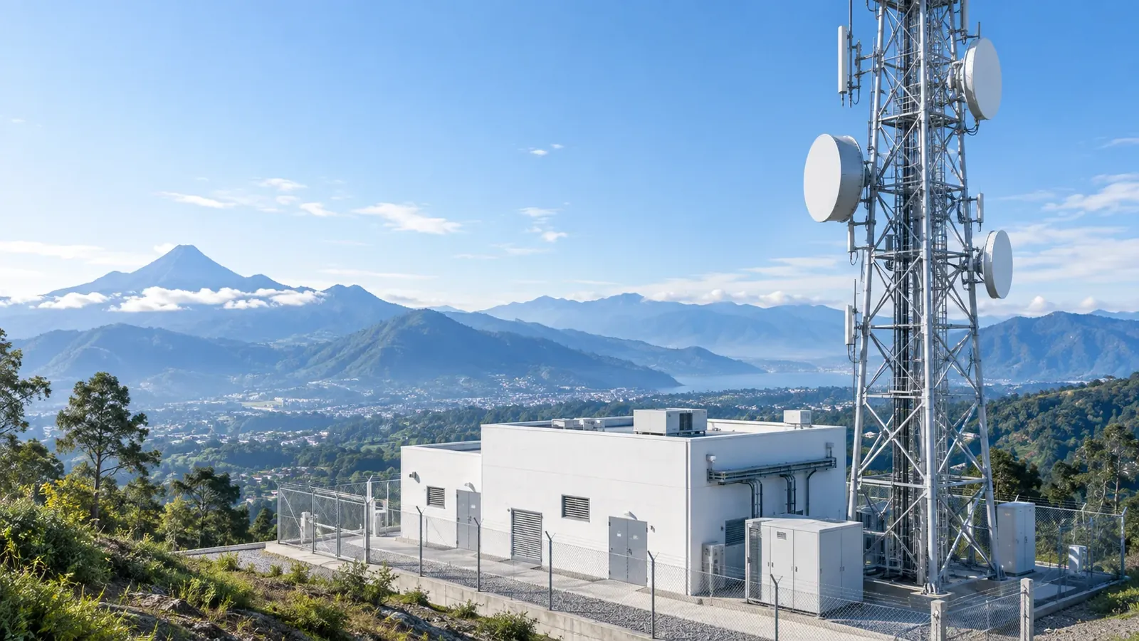 Infraestructura ilustrativa de telecomunicaciones con antenas de enlace de datos