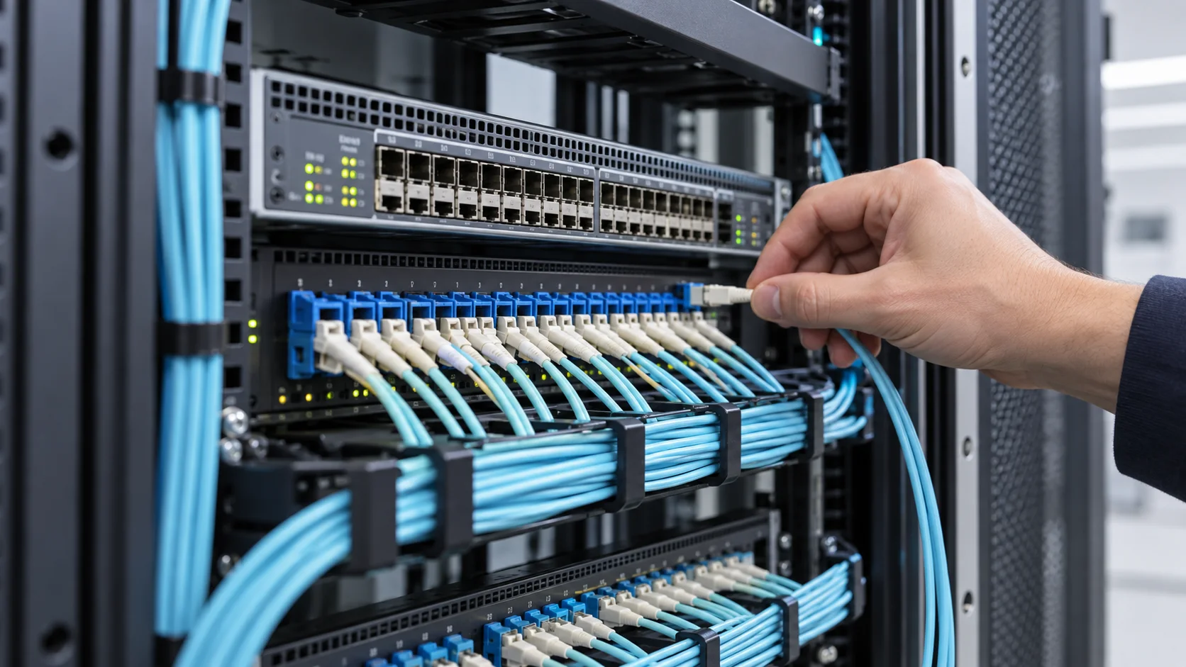 Panel de fibra óptica y conexiones de red empresarial