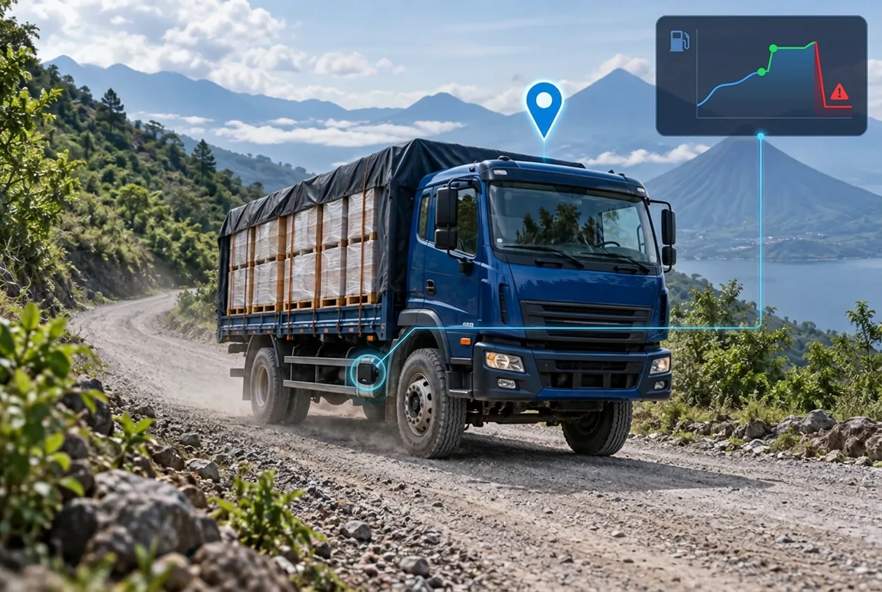 Camión con sensor de combustible en el tanque y alerta de descarga brusca en la plataforma GPS