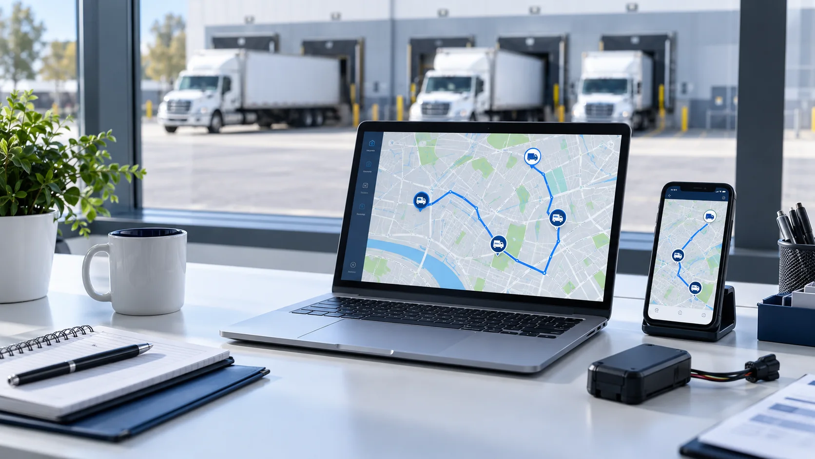 Plataforma ilustrativa GPS con mapa de flota en computadora y teléfono