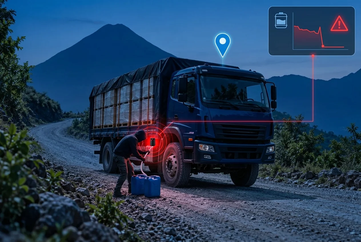 Persona extrayendo diésel del tanque de un camión de noche mientras el sensor de combustible envía una alerta de descarga brusca